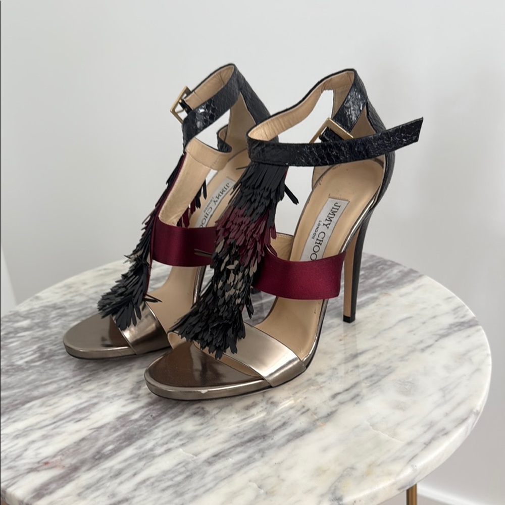 Jimmy Choo Black and Burgundy Heeled Fringe Sandals